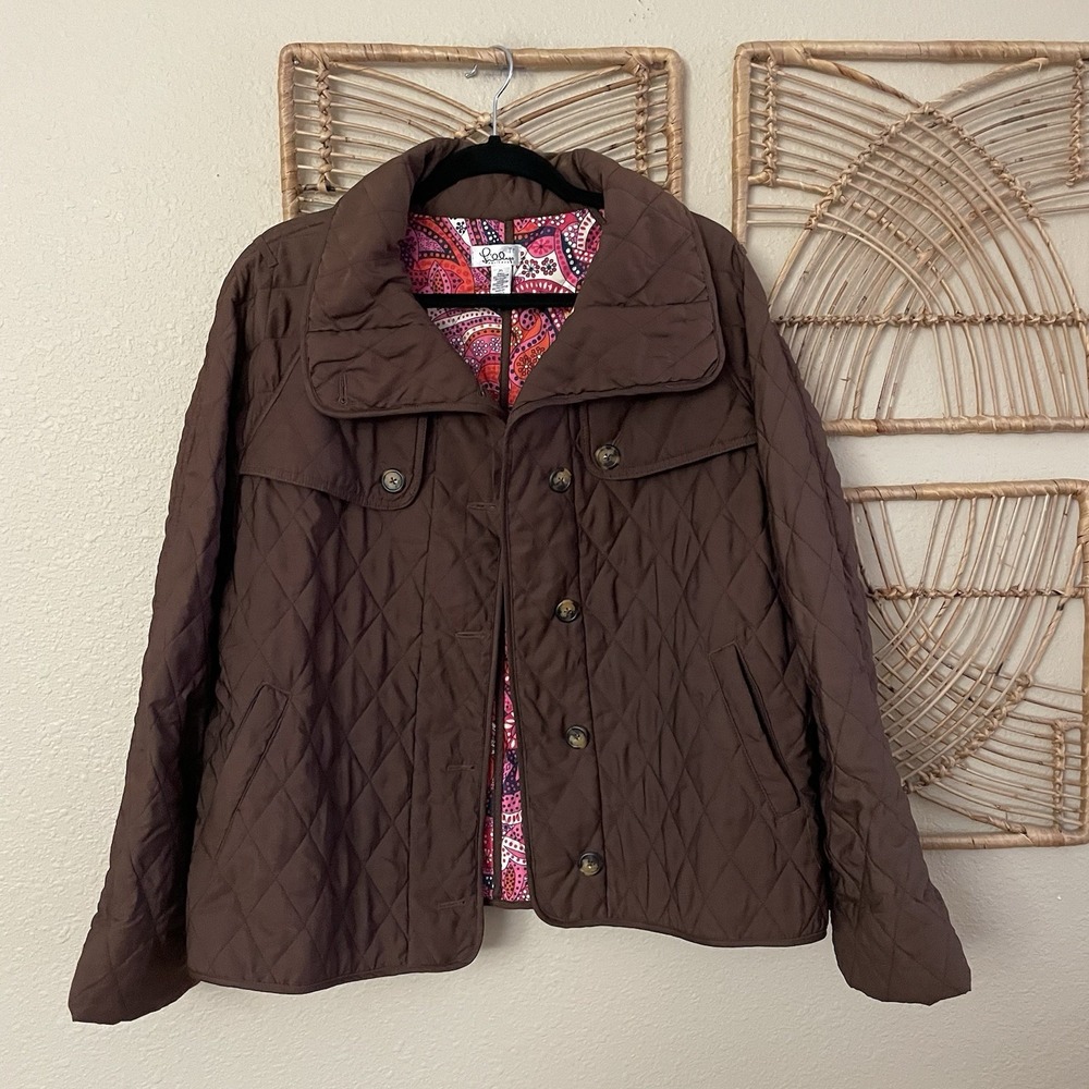 Vintage Lilly Pulitzer Quilted Brown Embroidered Button Up Jacket Sz XL B7